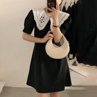 Puff-sleeve Collar Mini A-line Dress Black - One Size