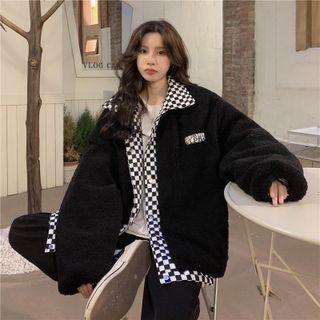 Checkerboard Panel Reversible Fleece Jacket