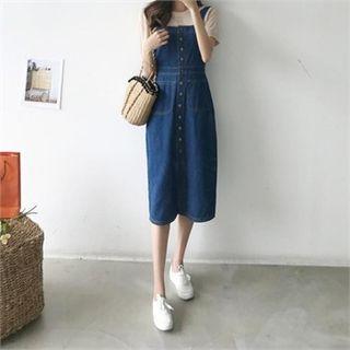 Button-front Stitched Denim Pinafore Dress Blue - One Size