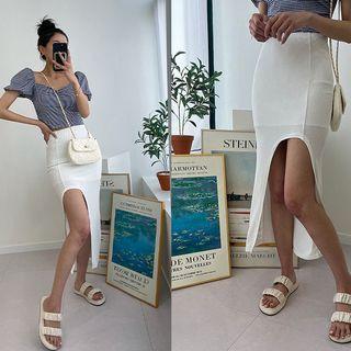 Plain Cutout-front Long Skirt