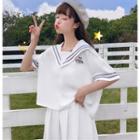 Set: Sailor-collar Elbow-sleeve Top + Midi Skirt