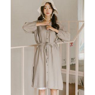 Open-placket Raglan-sleeve Long Shirtdress
