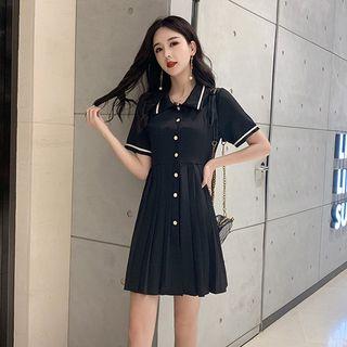 Short-sleeve Striped Pleated Polo Shirt Dress