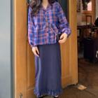 Plaid Blouse / Ruffle Hem Mid A-line Skirt