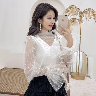 Dotted Mesh Lace Blouse With Camisole