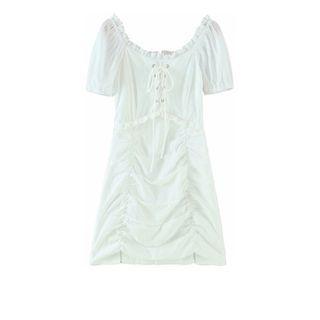 Short-sleeve Ruched Lace-up A-line Dress