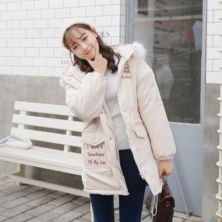 Furry-trim Lettering Embroidered Hooded Padded Jacket
