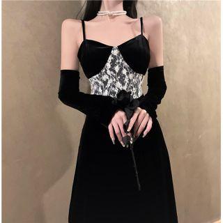 Set: Spaghetti-strap Velvet Midi A-line Dress + Oversleeves