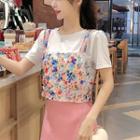 Set: Sleeveless Floral Sequined Cropped Top + Short-sleeve T-shirt + A-line Mini Skirt