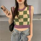 Plaid Cropped Sweater Vest Green - One Size