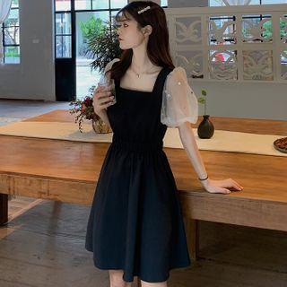 Mesh Panel Puff-sleeve Mini A-line Dress As Shown In Figure - One Size