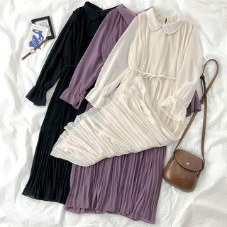 Collared Bell-sleeve Midi A-line Chiffon Dress