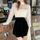 Long-sleeve Mesh Panel Knit Top / Mini Skort