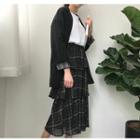 Plain Blazer / High-waist Layered Pleated Plaid Skirt