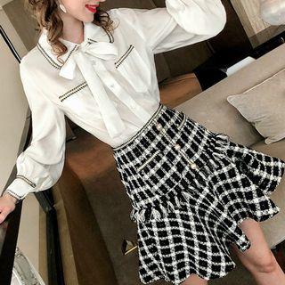 Set: Long-sleeve Bow Accent Blouse + Mini A-line Skirt