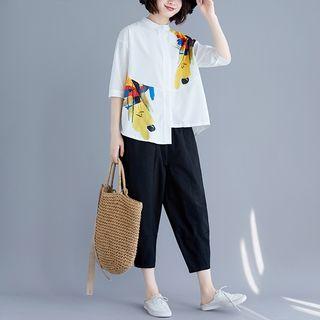 Set: 3/4-sleeve Printed Blouse + Harem Pants