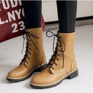 Faux Leather Lace Up Block Heel Ankle Boots