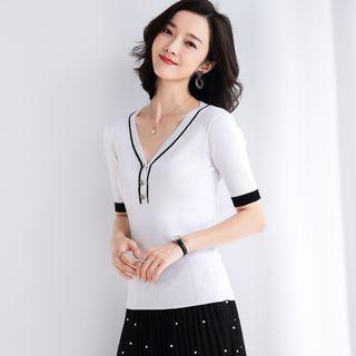 Contrast Trim Short-sleeve Buttoned Rib Knit Top