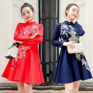 Mock Neck Embroidered A-line Dress
