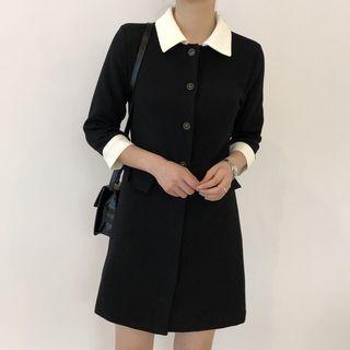 3/4-sleeve A-line Shirt Dress Black - One Size