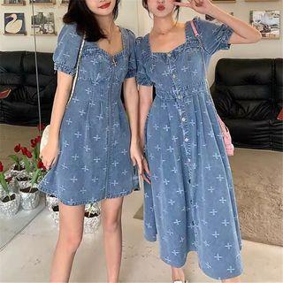 Short-sleeve Cross Print Denim A-line Dress (various Designs)