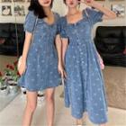 Short-sleeve Cross Print Denim A-line Dress (various Designs)