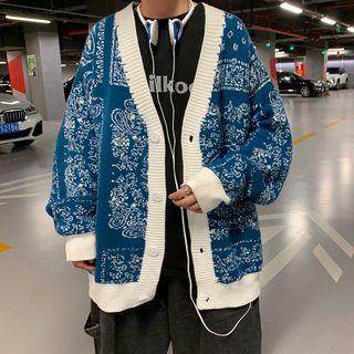 Jacquard Contrast Knit Cardigan