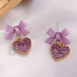 Bow & Heart Dangle Earring 1 Pair - 925 Silver Needle Earrings - One Size