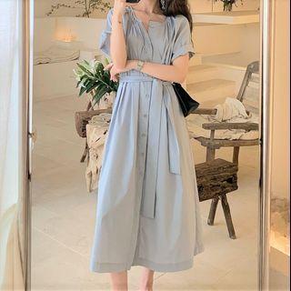 Short-sleeve Button-up Tie-waist Midi Shift Dress