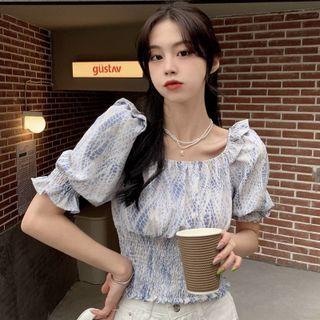 Puff-sleeve Print Shirred Crop Top