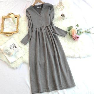 V-neck Midi A-line Ribbed Knit Dress
