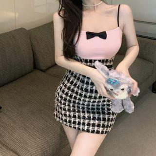 Spaghetti-strap Plaid Panel Mini Sheath Dress
