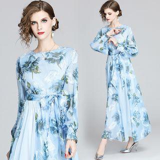 Long-sleeve Tie-waist Print Maxi Dress