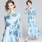 Long-sleeve Tie-waist Print Maxi Dress