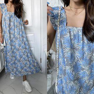 Square-neck Frilled-strap Patterned Dress