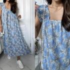 Square-neck Frilled-strap Patterned Dress