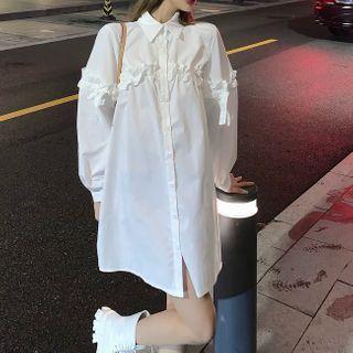 Ruffled Long-sleeve Oversize Shirtdress White - One Size
