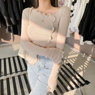 Irregular Long-sleeve Slim-fit Top Almond - One Size