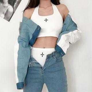Set: Halter Cross Print Crop Tank Top + Hot Pants