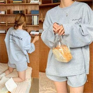Set: Round-neck Letter Print Top + Drawstring-waist Shorts