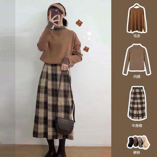 Mock-turtleneck Long-sleeve Top / Sweater / Plaid A-line Midi Skirt / Set