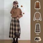 Mock-turtleneck Long-sleeve Top / Sweater / Plaid A-line Midi Skirt / Set