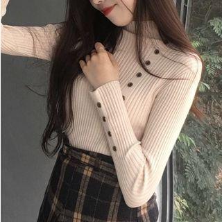 Long-sleeve Buttoned Mock-neck Knit Top