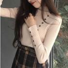 Long-sleeve Buttoned Mock-neck Knit Top
