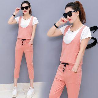 Set: Plain Short Sleeve T-shirt + Pinafore Jumpsuit