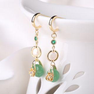 Retro Flower Gemstone Alloy Dangle Earring 1 Pair - Gold & Green - One Size