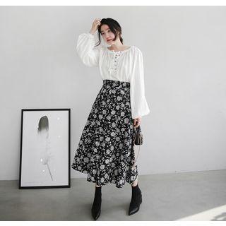 Band-waist Pattern Long Flare Skirt