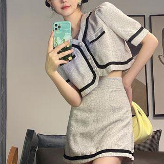 Elbow-sleeve Button-up Top / Mini A-line Skirt