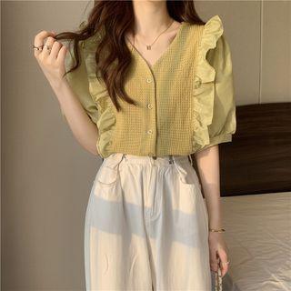 V-neck Plain Plaid Cropped Blouse