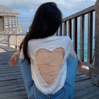 Short-sleeve Faux Pearl Open-back T-shirt White - One Size